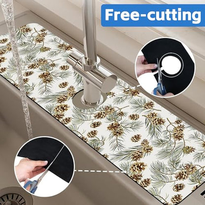 Abstract Pine Cones Sink Faucet Absorbing Mat Splash Guard Behind Faucet Sink Mat Absorbent Fast Drying Faucet Draining Mat for Bathroom Kitchen 5.5"×24" - size: 24" x 5.5"