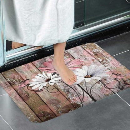 JAWO 4 Piece Pink Daisy Flower on Rustic Wooden Plank Country Style Shower Curtain Sets with Non-Slip Rugs, Toilet Lid Cover and Bath Mat, Shower Curtain with 12 Hooks - color: Pink-01, size: 5'10" x 5'10" (Rectangular)
