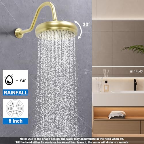 Enga Brushed Gold Antique Brass Tub Shower Faucet Fixture Shower System, 8inch Wall Mount Rain Shower with Spout and Hand Spray - color: Brushed Gold, style: 8" Head + Tub