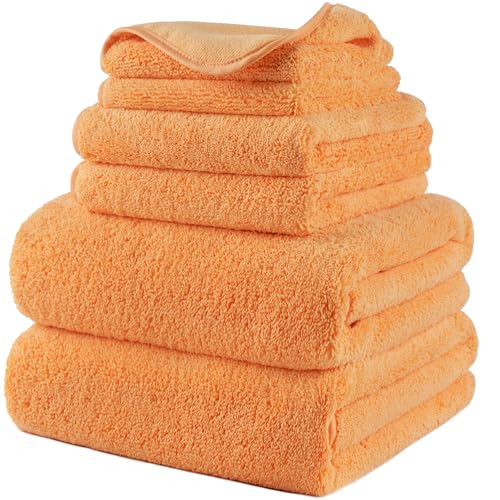 POLYTE 410 GSM Poly Blend Microfiber Quick Dry Bath Towel Set of 6 Pieces | 2-Body Towels, 2-Hand Towels, 2-Wash cloths, Oversize, Lint Free - color: Orange
