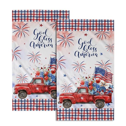 Giwawa 4th of July American Truck Hand Towels Set of 2 Independence Day Bath Towels Soft Absorbent Patriotic Holiday Decorative Fingertip Towels - color: American Flag Truck