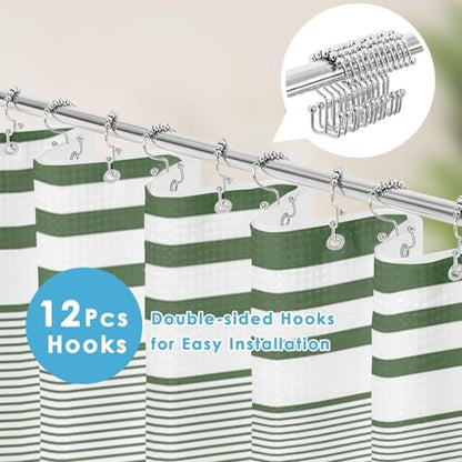 3 in 1 Shower Curtain and Liner,72 x 72 inch, Striped Green | Modern Rustic Grey Modern Double Layers Waterproof Fabric with See Through Top Window Open Grommet Bath Curtain - color: Green Striped