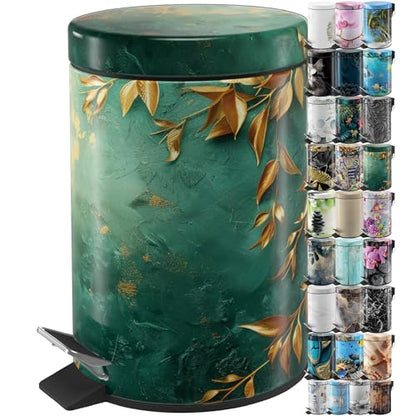 Sanilo Small Bathroom Trash Can with Lid [1.3 Gallon] - Lidded Tiny Trashcan for Garbage - Mini Metal Bin with Soft Closing Mechanism - Bath Room Accessoire Wastebin with Inner Bucket (Greego) - color: Greego