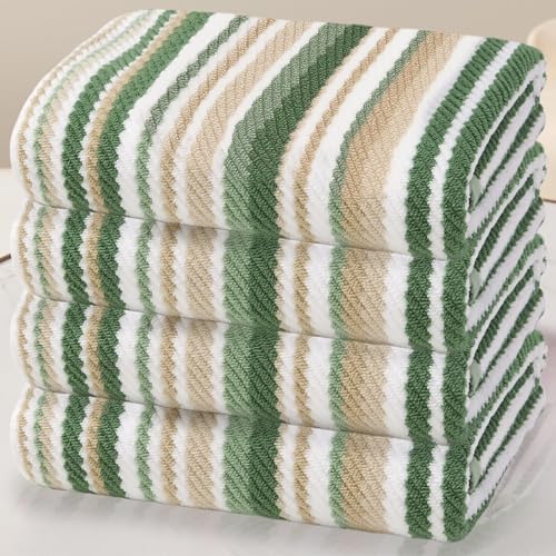 VOOVA & MOVAS Striped Bath Towels 4 Pack, 100% Cotton, 28x52 in, Sage Beige | Great for Daily Shower Use, Quick Dry, Soft, Absorbent, Lightweight, Bath Towels with Hanging Loops - color: Sage + Green + Beige Striped, size: 4 PC Bath Towels (28"x52")
