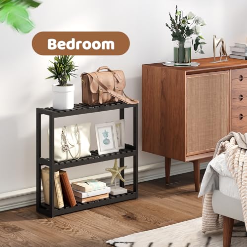 Bathroom Shelf Bamboo Organizer Rack Adjustable 3-Tier Storage Shelf Wall Mounted Storage Rack Over The Toilet Utility Shelves Living Room Kitchen Shelf(Black) - color: Black