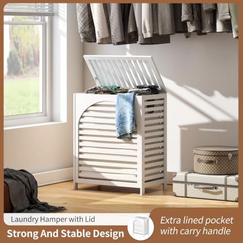 Laundry Hamper with Lid, Bamboo with Handles and Removable Liner Bag, 125L Laundry Basket for Bedroom, Bathroom & Laundry Room (White) - color: White