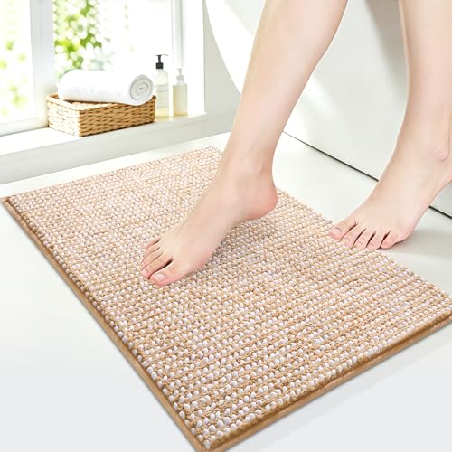Luxury Chenille Bathroom Rugs Non Slip 24" x17", Extra Soft Absorbent Striped Bath Mats for Bathroom, Machine Washable Quick Dry Shower Floor Rug, Home Decor Accessories, Beige & White - color: Beige & White, size: 1'5" x 2' (Rectangular)
