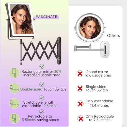 FASCINATE 8.7" 5000mAh Rechargeable Wall Mounted Makeup Mirror (Bronze) | Double Sided Touch Switch 1X 30X Magnifying Bathroom Mirror, 3 Color Lights Dimmable Extended Arm 360°Rotation - color: Bronze B
