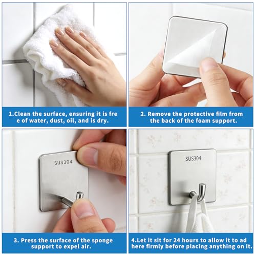 4 Pcs Self Adhesive Towel Hooks, Stainless Steel Sticky Wall Hooks for Hanging, Waterproof Shower Hook for Robe/Clothes, No Drilling Towel Hangers for Bathroom Kitchen Bedroom Office
