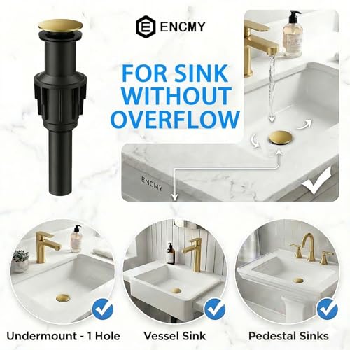 Bathroom Sink Drain Without Overflow- Brushed Gold Pop up Drain for Bathroom Vanity Vessel Sink Drain Stopper - Anti-clog Pop-up Plastic Drain with Hair Catcher Strainer - color: Brushed Gold