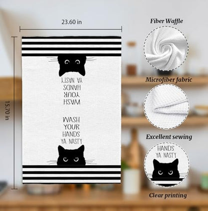 Black Cat Bathroom Washroom Hand Towels, Wash Your Hands Ya Nasty Funny Sign for Bathrooms,Cats Gifts for Women, Cute Cats Animals White Waffle Weave Microfiber Dish Towels, 16x24 Inch - color: Wash Your Hands Ya Nasty