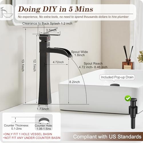 Bronze Waterfall Vessel Sink Faucet, Brass 12 Inch Tall Bathroom Faucets Single Hole Single Handle for Bathroom Bowl Sink with Pop-up Drain & Hoses for Vanity Countertop Modern Farmhouse - color: Oil Rubbed Bronze - Farmhouse
