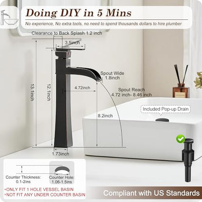Bronze Waterfall Vessel Sink Faucet, Brass 12 Inch Tall Bathroom Faucets Single Hole Single Handle for Bathroom Bowl Sink with Pop-up Drain & Hoses for Vanity Countertop Modern Farmhouse - color: Oil Rubbed Bronze - Farmhouse