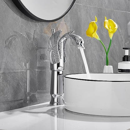 Chrome Swan Shape Single Handle One Hole Bathroom Vessel Sink Faucet Deck Mount Lavatory Sink Faucet - color: Chrome, size: Tall