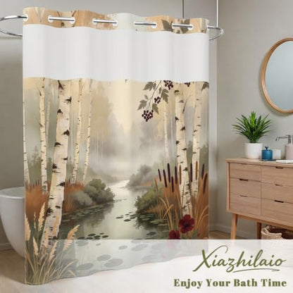 No Hook Birch Trees Shower Curtain with Snap in Liner, 71Wx74L | Double Layer Waterproof Bath Curtain with Mesh Top, Nature Misty Forest Woodland & Lake Landscape Print for Rustic Bathroom - color: Nature Landscape