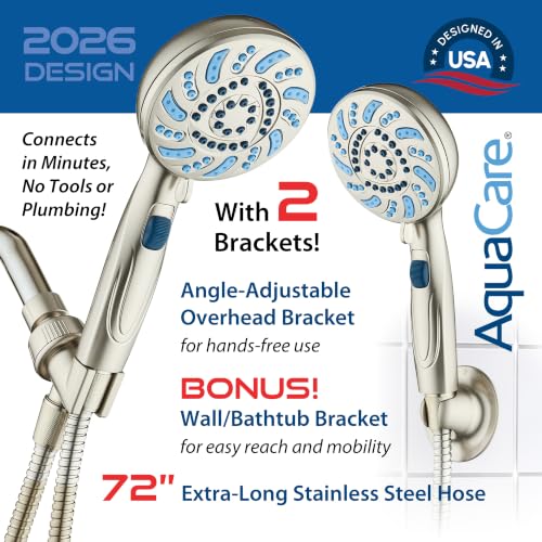 AquaCare 2026 High Pressure 7-mode Handheld Shower Head with Pause Switch | Detachable Showerhead Wand, Stay-Clean Jets, Extra-long 6 ft. Stainless Steel Hose, Dual Wall & Overhead Brackets / Nickel - color: Nickel