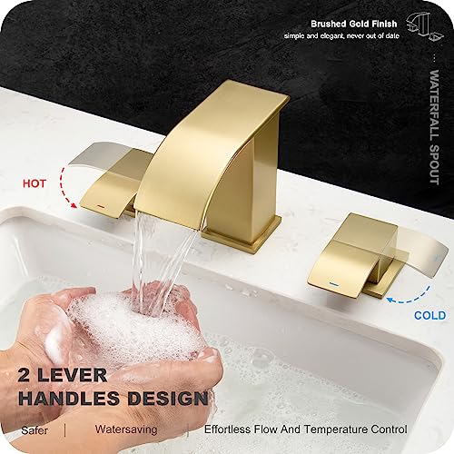 GAGALIFE 8 Inch Waterfall Bathroom Faucets 3 Hole - Brushed Gold Widespread Bathroom Faucet with Pop-up Drain, Two Handles Bathroom Sink Faucet, Modern Vanity Sink faucets with Supply Lines - color: Gold, style: With Drain