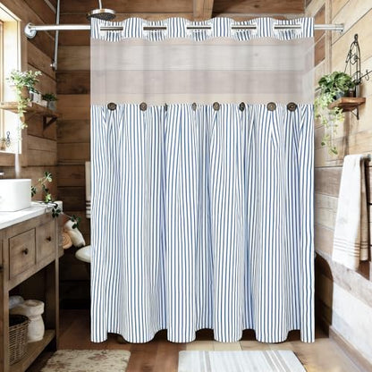 ASPMIZ Farmhouse Striped Shower Curtain and Liner Set No Hook, Blue 71x74 | No Hook Shower Curtain with Snap in Liner Fabric, Rustic Washable Waterproof Bathroom Curtains with Button, Mesh Top Window - color: Blue Striped, size: 71"W x 74"L (Pack of 1), s