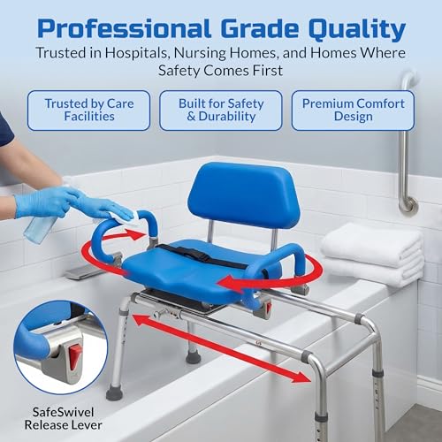 Carousel Sliding Shower Chair Tub Transfer Bench with Swivel Seat Elderly | Slide Safely In & Out of the Tub - Blue, padded seat, padded armrests, swivel seat, backrest, portable, tool-free assembly - color: Blue