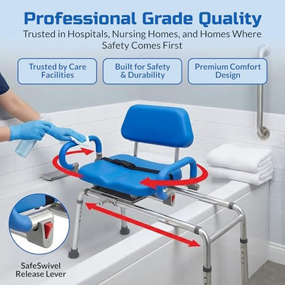 Carousel Sliding Shower Chair Tub Transfer Bench with Swivel Seat Elderly | Slide Safely In & Out of the Tub - Blue, padded seat, padded armrests, swivel seat, backrest, portable, tool-free assembly - color: Blue