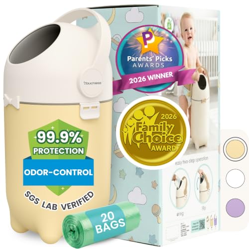 iTouchless 4 Gal Nursery Bin | Odor-Locking Diaper Pail Bin | Sand Almond | Rotating Ball Seal Traps Smells | Fits Any Trash Bag, No Refills Ever | Flip-Up Handle Opens One-Handed | Holds 300 Diapers - color: White / Almond