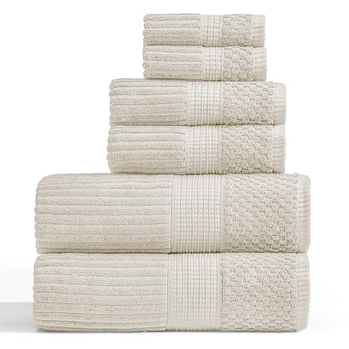100% Cotton Bath Towel Set | 6-Piece Set | Textured | Beige | Absorbent & Quick-Dry Bathroom Towels | Textured and Durable Cotton Towels for Bathroom | OEKO-TEX | Krista Collection - color: Beige, size: 6 Piece Set