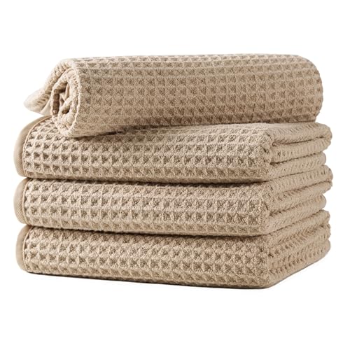 Microfiber Waffle Hand Towels, 4 Pieces, Soft, Absorbent, Fast Drying, Lint Free 430 GSM (16''x26''/40.64cm x 66.04cm) - color: Beige