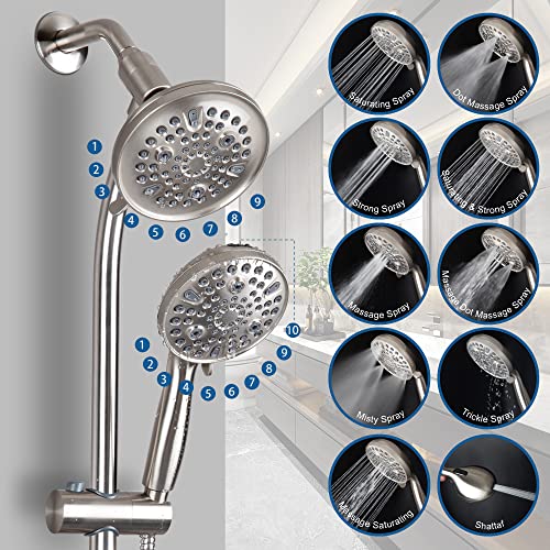High Pressure Handheld/Rain 82-mode 3-way Shower Head Combo with 25.75" Adjustable Drill-free Stainless Steel Slide Bar, Pet & Tub Power Wash and Anti-clog Nozzles, with 5ft Hose - Brush Nickel - color: Brush Nickel