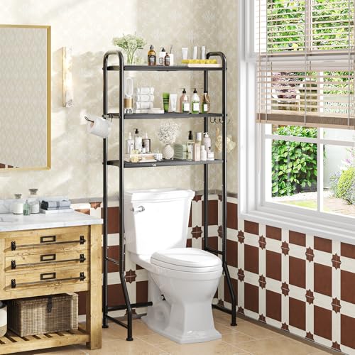 Simple Trending Expandable Over The Toilet Storage Rack, Metal 3 Tier Bathroom Organizer Shelf with Paper Holder and 3 Hooks, Black - color: Black
