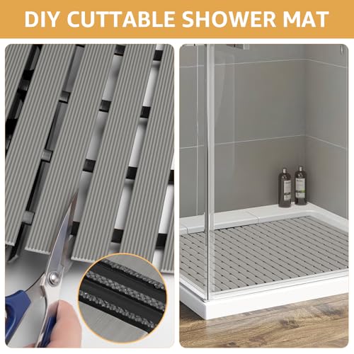 Yolife PVC Large Shower Mat, 35.4 × 24 Inch Non Suction Cup Non Slip Shower Floor Mat, Easy to Cut & Curlable Stand Up Shower Stall Mat, Heavy Duty Bath Shower Mats for Inside Shower - color: Light Grey