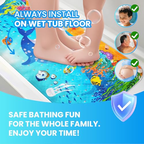 Baby Bath Tub Mat, 40 x 16 Inch Extra Large Non Slip Kids Cartoon Bathtub Shower Mats with Suction Cups & Drain Holes, Machine Washable for Bathroom, Undersea Dolphin - color: Undersea-dolphin