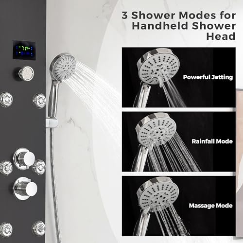 DELAVIN LED Stainless Steel Shower Tower, 5-Function Shower Panel Tower | Temperature Display, with Rainfall Waterfall Shower Head, Massage Body Jets, Tub Spout, Handheld Shower, Brushed Black - color: Brushed Black, style: 8 Body Jets With LED