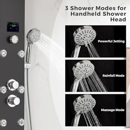 DELAVIN LED Stainless Steel Shower Tower, 5-Function Shower Panel Tower | Temperature Display, with Rainfall Waterfall Shower Head, Massage Body Jets, Tub Spout, Handheld Shower, Brushed Black - color: Brushed Black, style: 8 Body Jets With LED