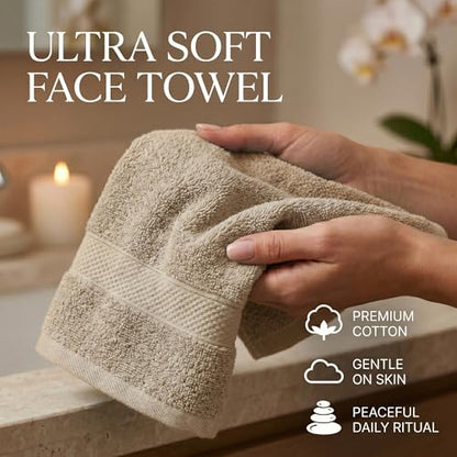 Sofea 100% Cotton Washcloths Set of 12, (12 x 12 Inch) 520 GSM Wash Cloths, Extra Soft Absorbent Quick Dry Face Towels - color: Beige