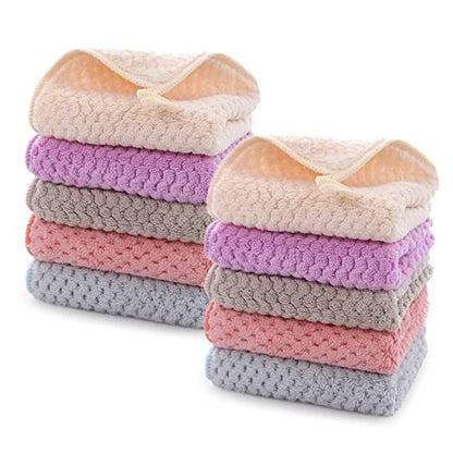 Set of 10 Small Towels with Hanging Loop, Hand Dry Towels | for Kitchen & Bathroom, Super Absorbent, Soft, Machine Washable Towel Fast Drying - color: Beige*2, Pink*2, Purple*2, Grey*2, Blue*2