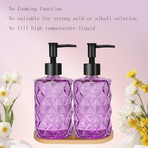12oz Purple Glass Hand and Dish Soap Dispenser Set, Diamond Design, 2 Set | Bathroom Soap Dispenser with Plastic Pumps, Bamboo Tray for Hand Wash & Dish Wash, for Bathroom Kitchen Countertop - color: Purple