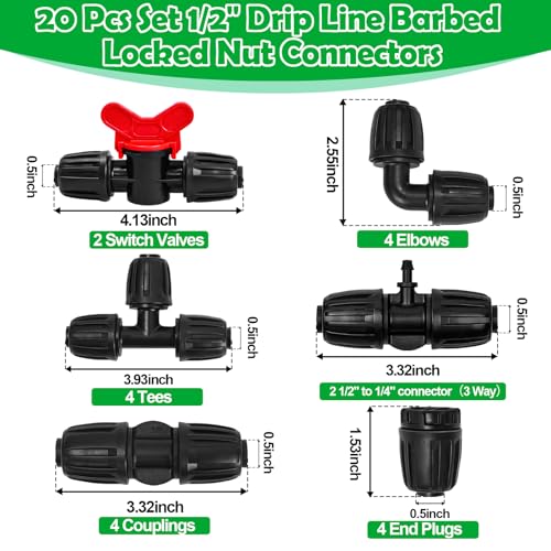 1/2 Inch Drip Tubing Irrigation Fittings Kit - 20 Pieces Set 1/2'' Drip Line Anti-Drop Barbed Lock Nut Connectors- 4 Couplings 4 Tees 4 Elbows 2 Valves 2 1/2'' to 1/4'' Reducers 4 Plugs - size: 1/2" Drip Fitting