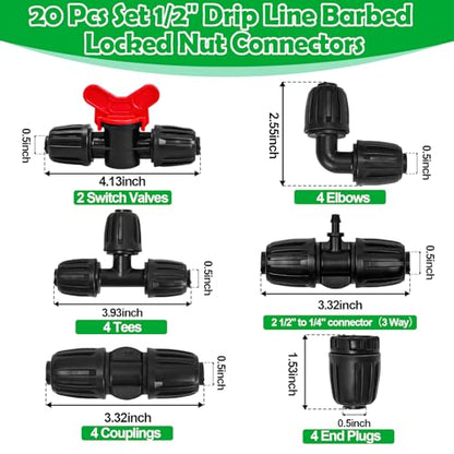 1/2 Inch Drip Tubing Irrigation Fittings Kit - 20 Pieces Set 1/2'' Drip Line Anti-Drop Barbed Lock Nut Connectors- 4 Couplings 4 Tees 4 Elbows 2 Valves 2 1/2'' to 1/4'' Reducers 4 Plugs - size: 1/2" Drip Fitting