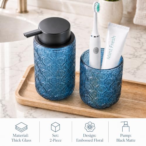 Bathroom soap Dispenser and Toothbrush Holder Set | Bathroom Accessories 2 pack cup and toothpaste holder blue glass - color: Navy Blue