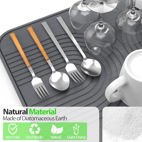 2 PCS Stone Dish Drying Mat ＆ Silicone Mat for Kitchen Counter – Diatomaceous Earth Bath Mat for Bathroom, 16.14"L×12.4"W×2 Quick Dry Mats for Dishes ,Bottles, Cups, Match Any Countertop(Gray) - color: Gray