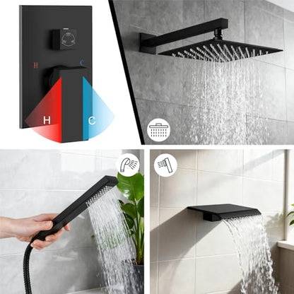 Midanya Shower System with Tub Spout,Bathtub Shower Faucet Set with Square Rainfall Head and Handheld Sprayer Wall Mount Tub Faucet Set with Valve and Trim Kit,10 Inch Matte Black - color: Matte Black, size: 10 Inch