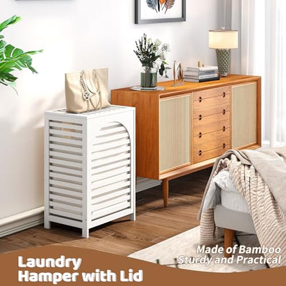 Laundry Hamper with Lid (16.9 * 13 * 26.5inches) Large Bamboo Laundry Bin Basket 85L Clothes Hamper with 1 Removable Bag Storage baskets for Bathroom (White) - color: White