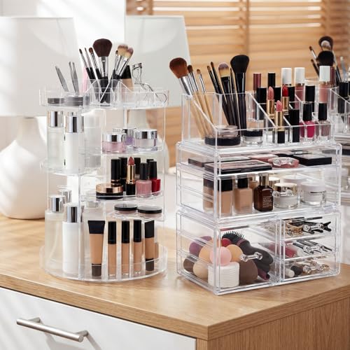 Canchiing Acrylic Makeup Organizer Set, 360 Rotating Makeup Organizer, Clear Drawer Vanity & Countertop Cosmetic Storage for Brushes, Jewelry, for Vanity, Bathroom, Bedroom, Closet