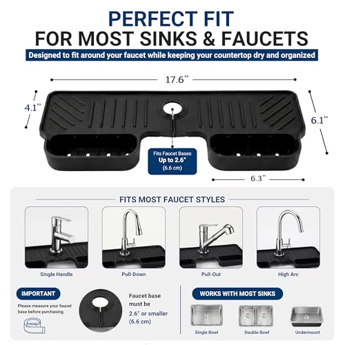 Silicone Faucet Splash Guard Mat 2 Pack – Single Hole, Black & Gray | Fast-Drying Sink Counter Protector & Drain Tray for Kitchen & Bathroom Faucets – BPA-Free, Hand Wash or Dishwasher Safe