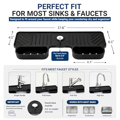 Silicone Faucet Splash Guard Mat 2 Pack – Single Hole, Black & Gray | Fast-Drying Sink Counter Protector & Drain Tray for Kitchen & Bathroom Faucets – BPA-Free, Hand Wash or Dishwasher Safe