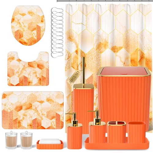 XLHOMO Bathroom Set - 26PC Bathroom Set with Shower Curtain and Rugs, Bathroom Accessory Set, Orange Bathroom Accessories Set, Trash Can & Soap Dispenser - style: Orange&Gold