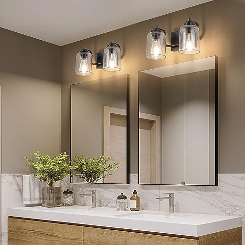 SOLFART Matt Black 2 Lights Wall Sconces Bathroom Light Fixtures Wall Light Fixtures Lighting Fixtures Over Mirror 13.8 Inch Wall Mount - color: Matt Black, size: 2 Lights