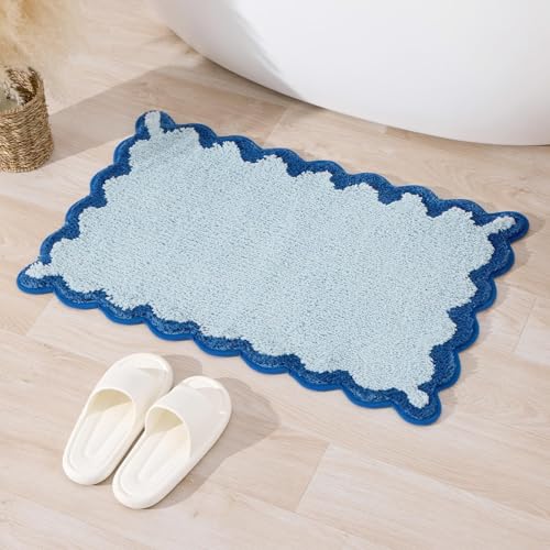 ORTIGIA Small Blue Scalloped Bath Mat, Cute Plush Microfiber Scallop Bathroom Rugs Non Slip Washable Quick Dry Absorbent, Bathmat Carpet for Shower Stall Vanities Kitchen Floor Entrance, 17x24 - color: Blue, size: 1'5" X 2'(rectangular)