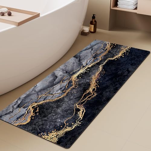 Extra Long Bath Rug, Black Marble and Golden Veins Decor Non Slip Bath Runner Rug with Rubber Backing, Thin Absorbent Quick Dry Bath Mats for Bathtub Bathroom Kitchen, 15.7x47.2 inch - color: Black Marble 1