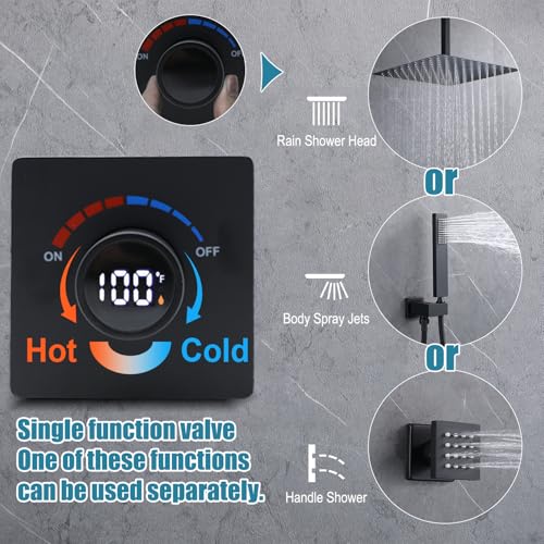 Temperature Display Shower Valve with Wall Mounted Waterfall Tub Faucet Kit Waterfall Tub Spout One Way Shower Deliver Valve - color: Matte Black, style: Adjustable bathtub faucet